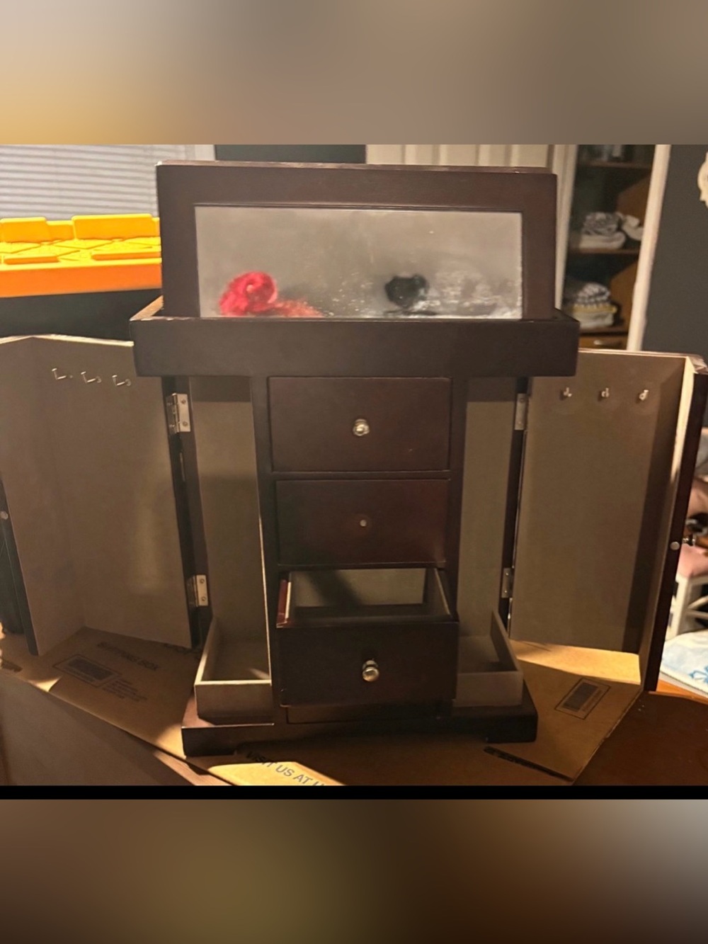 Classic Dark Brown Wooden Jewelry Organizer with Mirror
